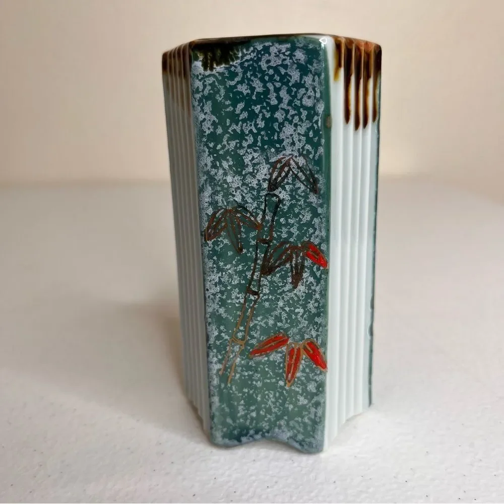 Vintage Hexagon Shape Japanese Vase Bamboo Green Sponge Red Gold Ridged Brown - Picture 6 of 11